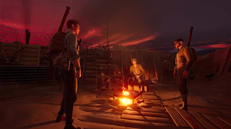 Interactive camp scene with soldiers preparing food beside a fire