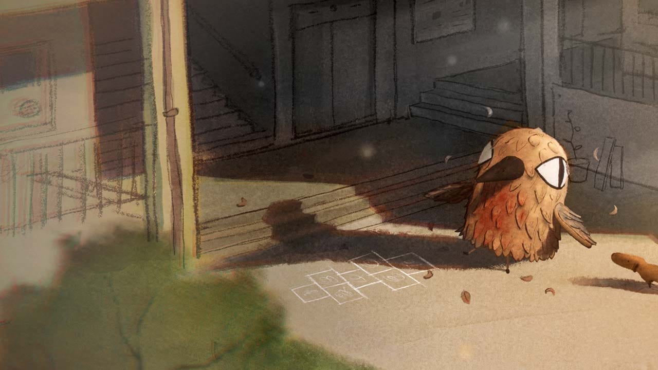 Hand-drawn park environment from The Day I Became a Bird gameplay scene