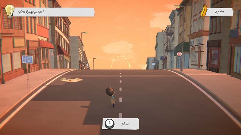 Gameplay scene of a child riding a bicycle through a neighborhood collecting feathers