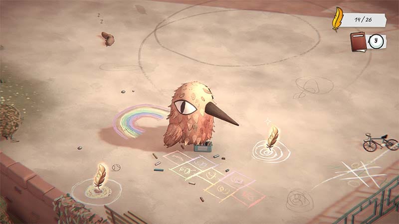 Wide view of an illustrated park environment during exploration gameplay