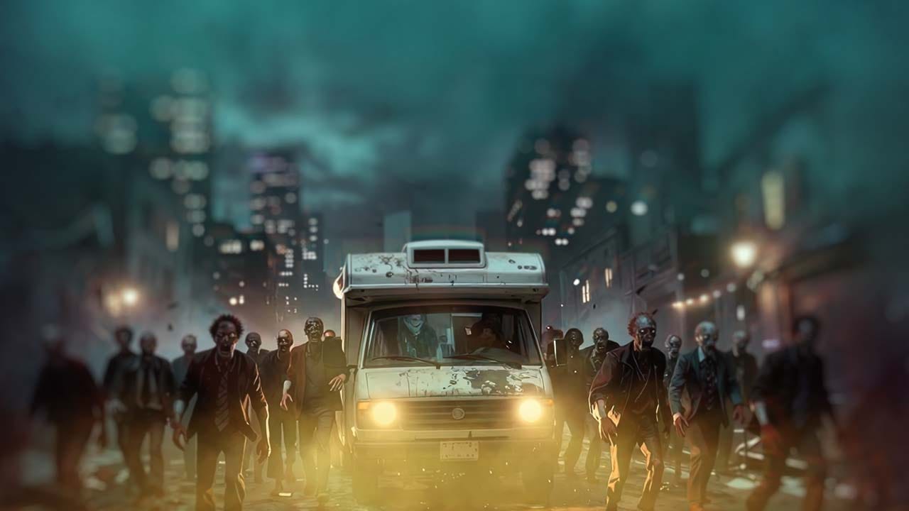 Post-apocalyptic open world environment showing ruined city streets and survival caravan travel