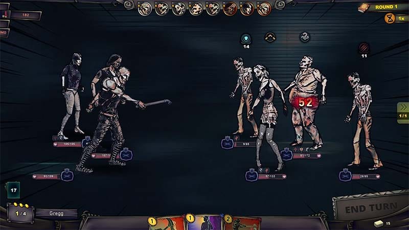 Gameplay scene showing card battler combat interface during a turn-based survival encounter