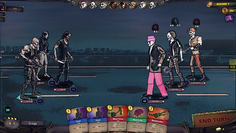 Party-based RPG interface displaying survivor attributes, skills, and character customization screen