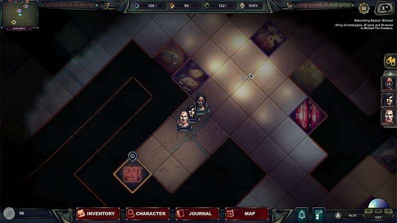 Faction interaction interface showing reputation and mission selection in a survivor settlement