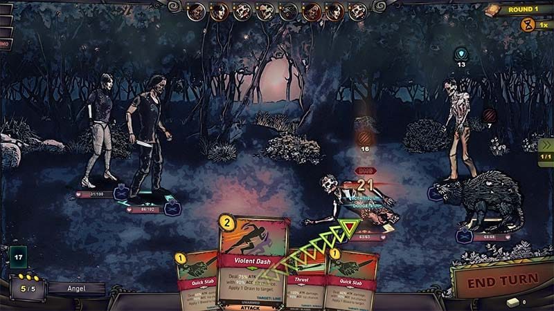 Boss encounter gameplay scene with intense card battler combat against a large infected enemy