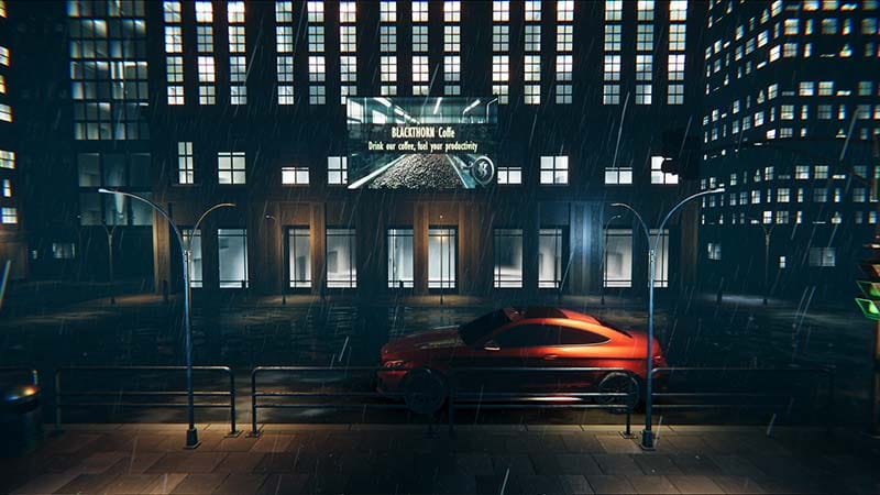 Gameplay scene exploring an abandoned office hallway during a detective investigation