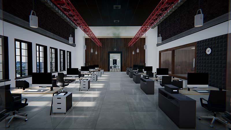 Dark office interior with scattered documents during a mystery investigation scene