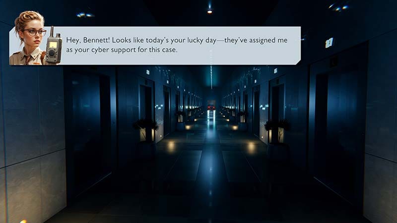 Corporate workspace environment view with desks and dim lighting