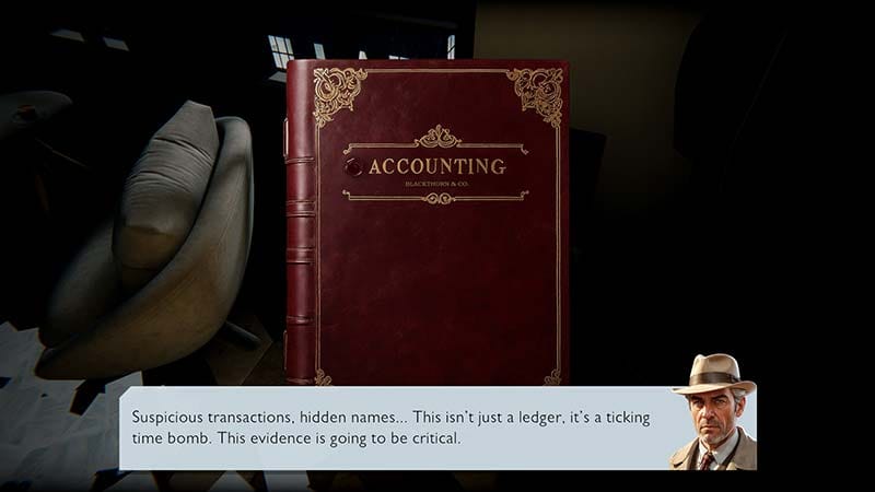 First-person investigation scene examining clues on an office desk