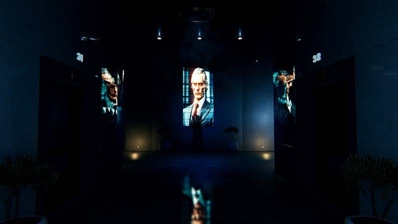 Navigation view moving through interconnected office corridors