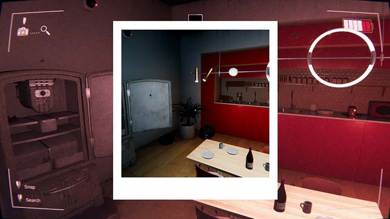 Wide gameplay view of a distorted office environment during investigation