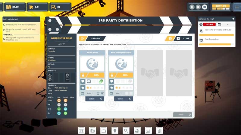 Gameplay screen showing movie production setup with genre and budget selection