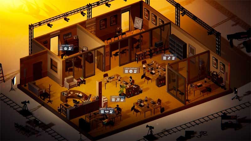 Isometric-style management interface showing expanded studio operations and staff workflow