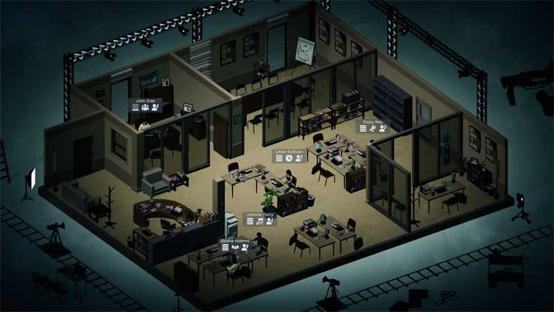 Late-game studio overview with multiple simultaneous film projects in progress