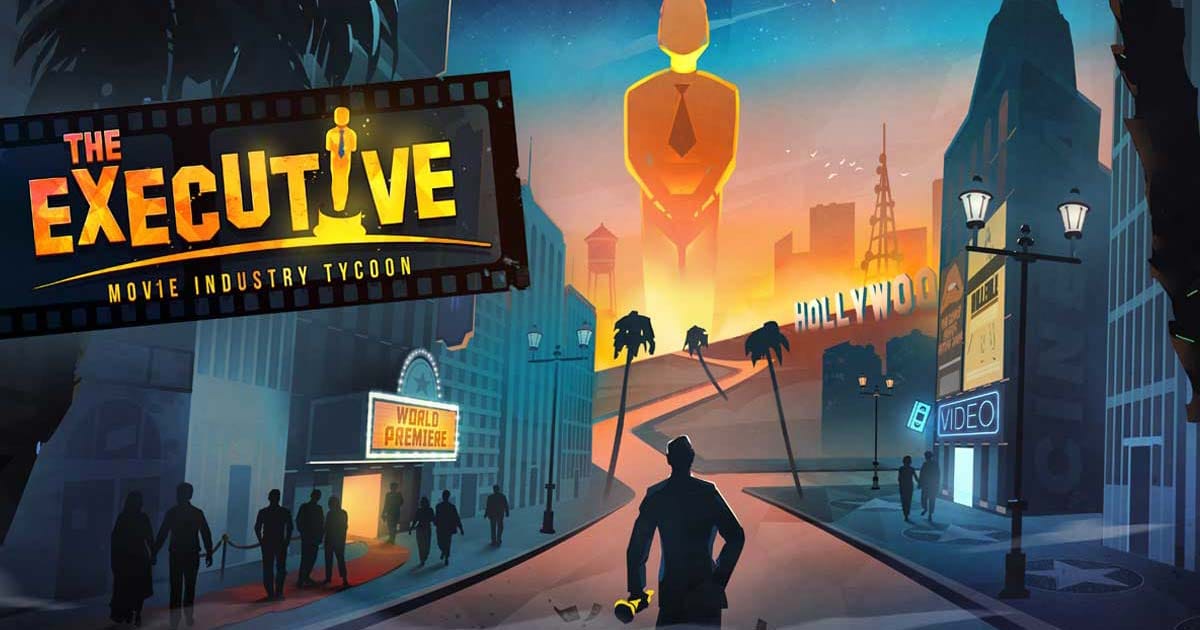 Promotional key art showing a Hollywood studio management screen with production controls