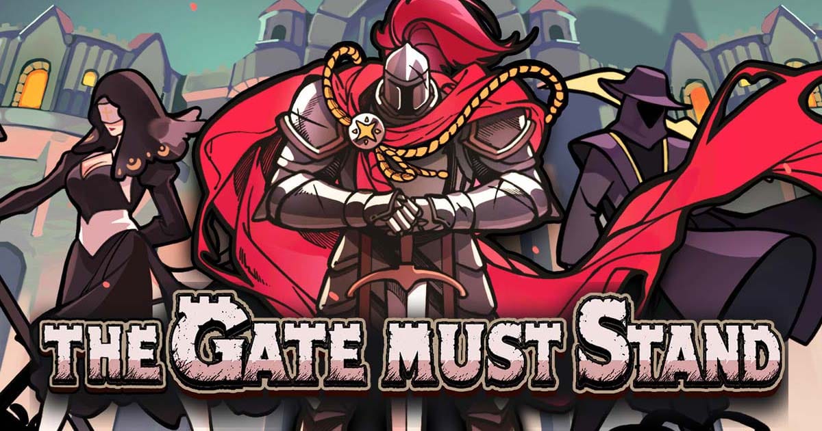 Promotional artwork showing heroes defending a gate against enemy waves