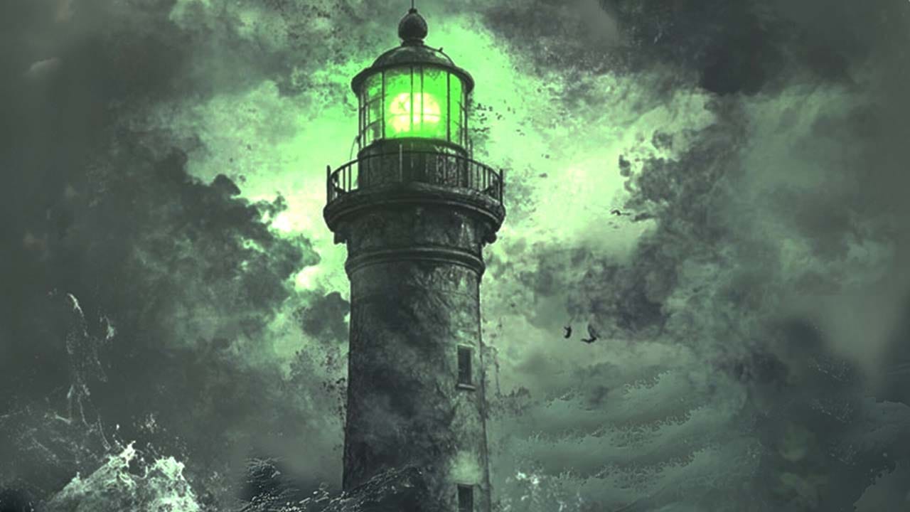 Dark atmospheric environment with a distant lighthouse and an eerie green light