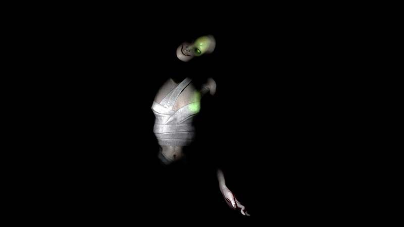 Atmospheric horror environment featuring darkness, exploration, and a distant green light