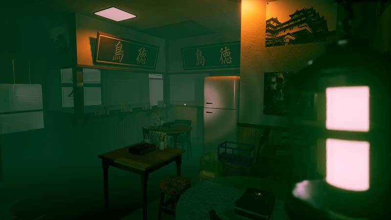 Gameplay scene showing a dark location illuminated by an eerie green light