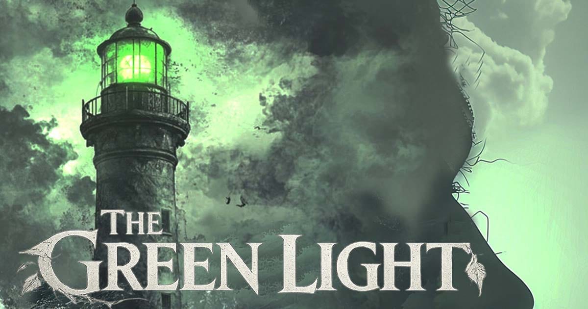 Promotional artwork showing a lone figure facing a distant lighthouse and green light