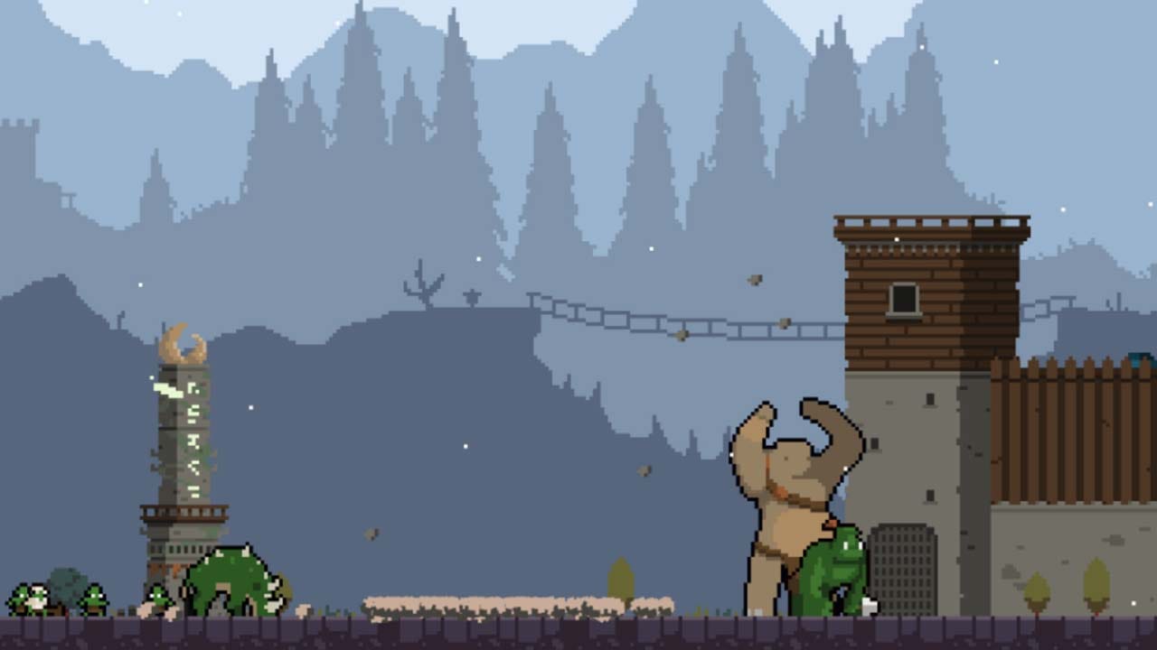 Pixel art fantasy landscape with an orc settlement