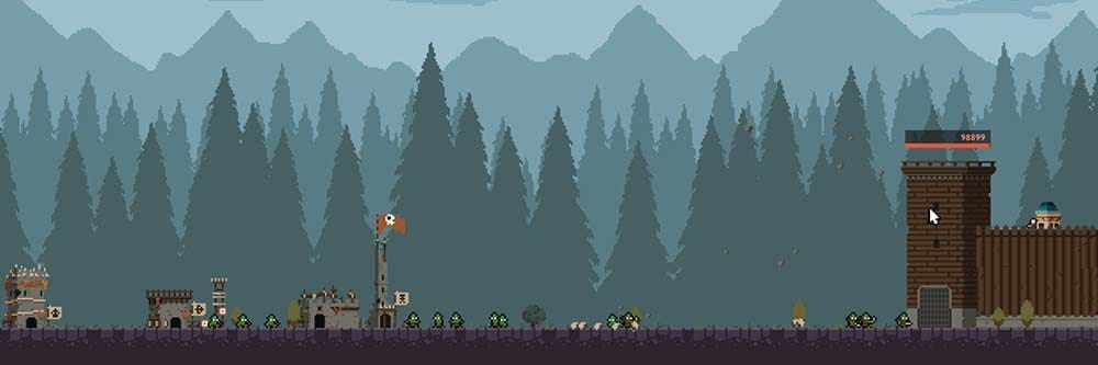 Wide pixel art scene of an orc horde approaching a human castle