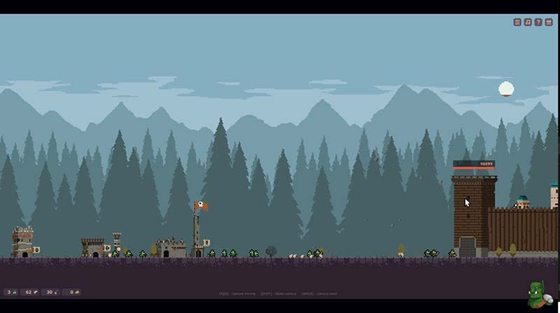 Pixel art gameplay scene showing an orc settlement