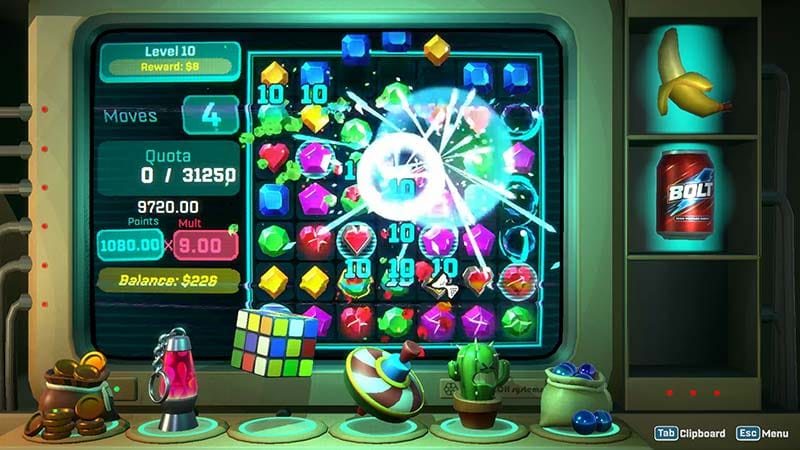 Gameplay interface showing match-3 grid with layered system modifiers and score tracking