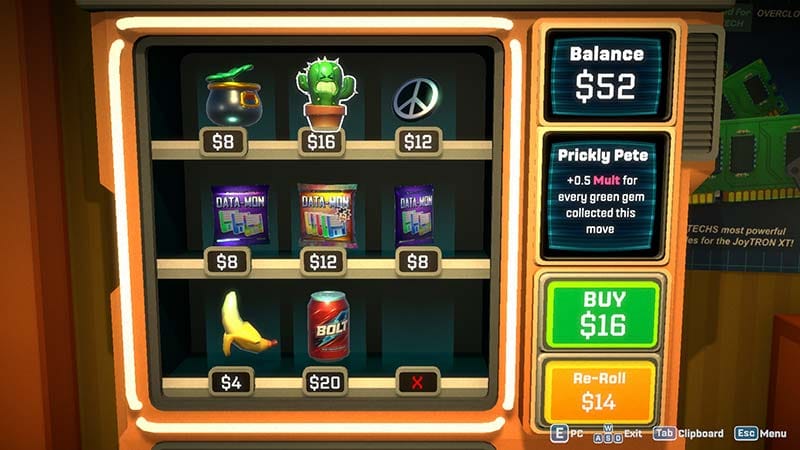 Terminal screen displaying trinket inventory and rule-altering upgrade options
