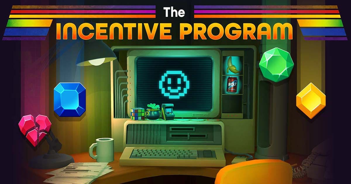 Key art showing a corporate employee interface with quota systems and glitching UI elements