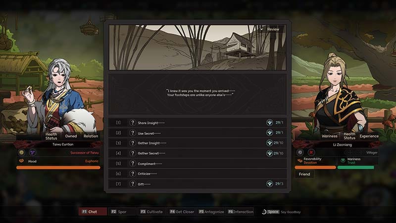 Skill progression screen in martial arts RPG interface
