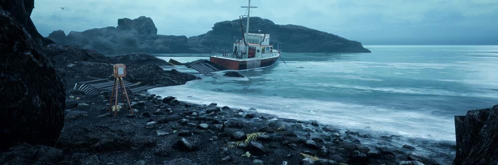 Wide banner showing a foggy island blending coastal ruins and alien structures