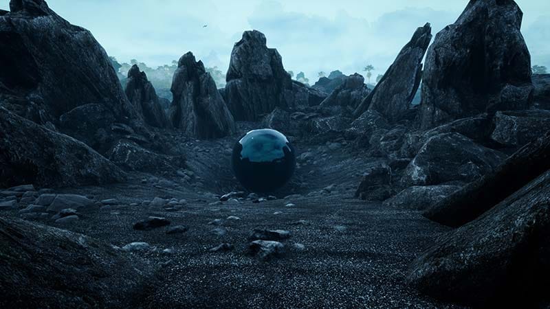 Gameplay scene showing artifact beam combat against a hostile entity in first-person view
