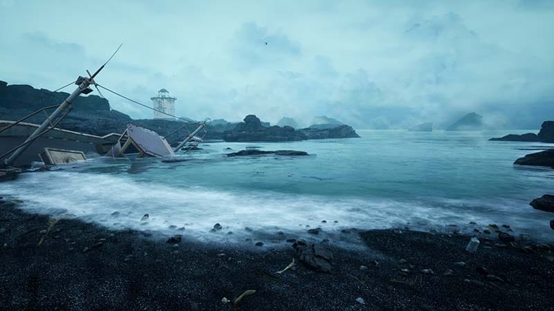 Coastal environment view with abandoned ruins and dense fog along the shoreline
