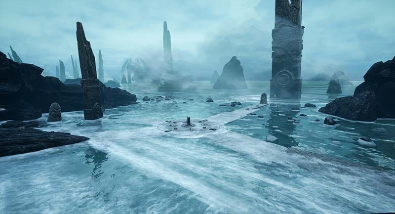 Puzzle scene with glowing symbols and stone mechanisms inside an ancient structure