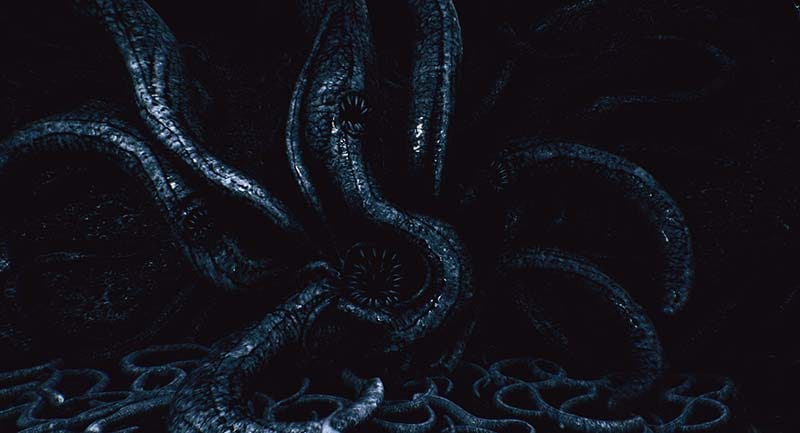 Story scene inside a dark monolithic interior with surreal lighting and alien architecture