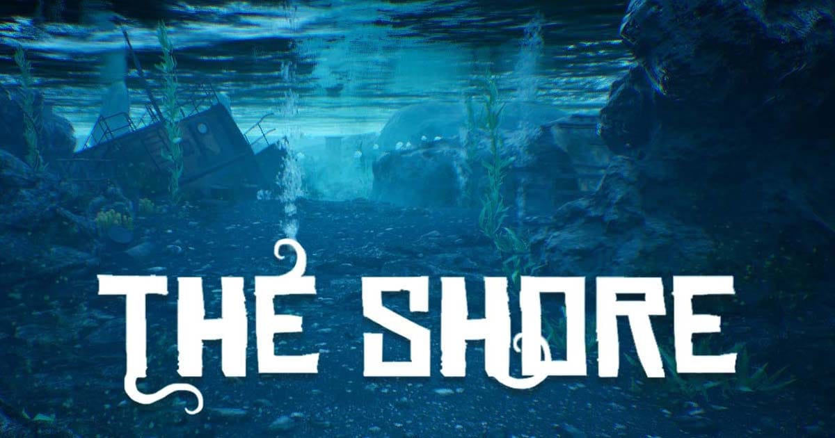 Promotional artwork showing a lone figure facing a vast cosmic horror on a misty island