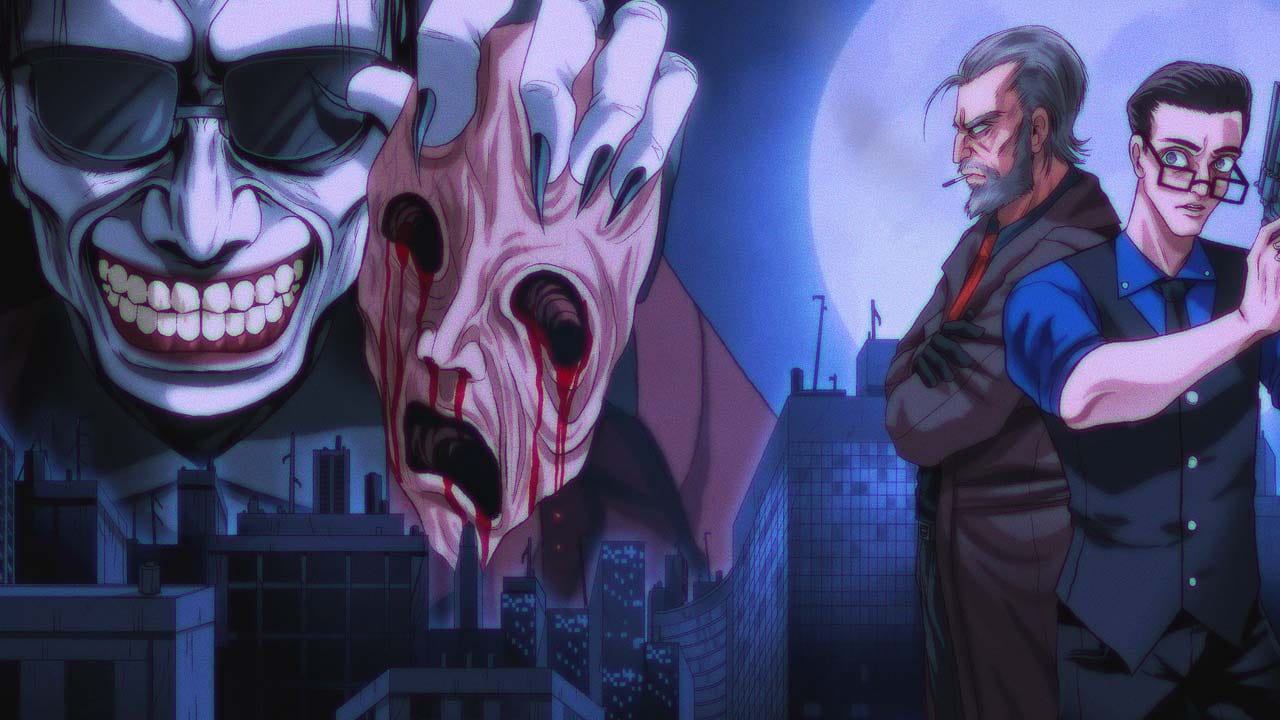 Neon-lit Carrion City streets with a grimy horror atmosphere