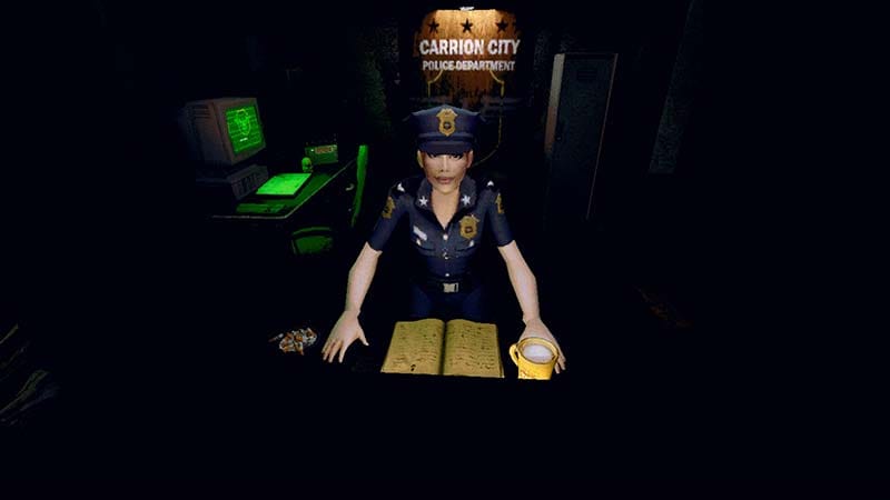 Gameplay view of a character moving through a dimly lit horror setting