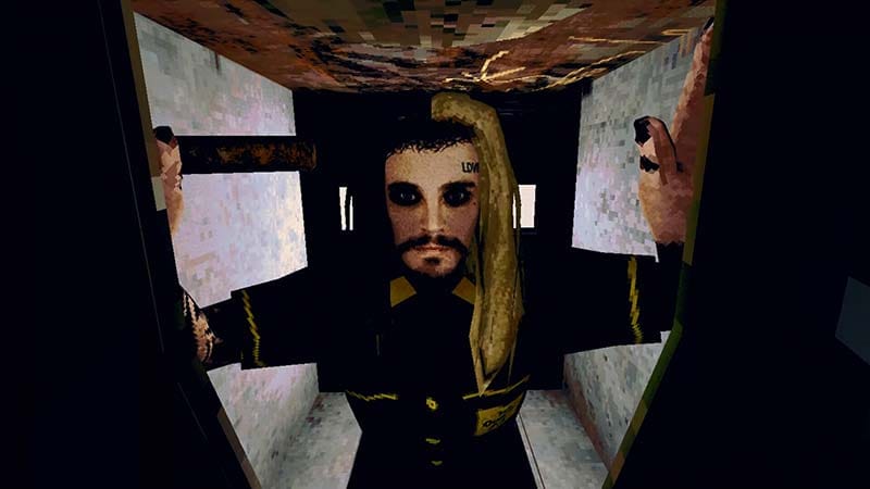 Gameplay scene featuring a character being stalked through a dark environment