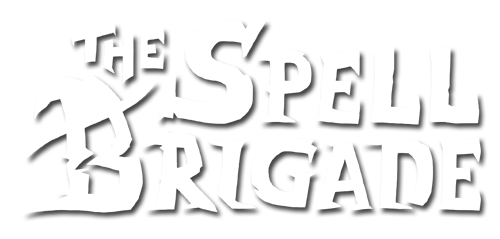 The Spell Brigade logo with stylized fantasy lettering on a dark magical backdrop