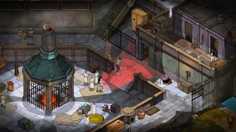 Isometric stealth gameplay through a dim monastery corridor with guard patrols