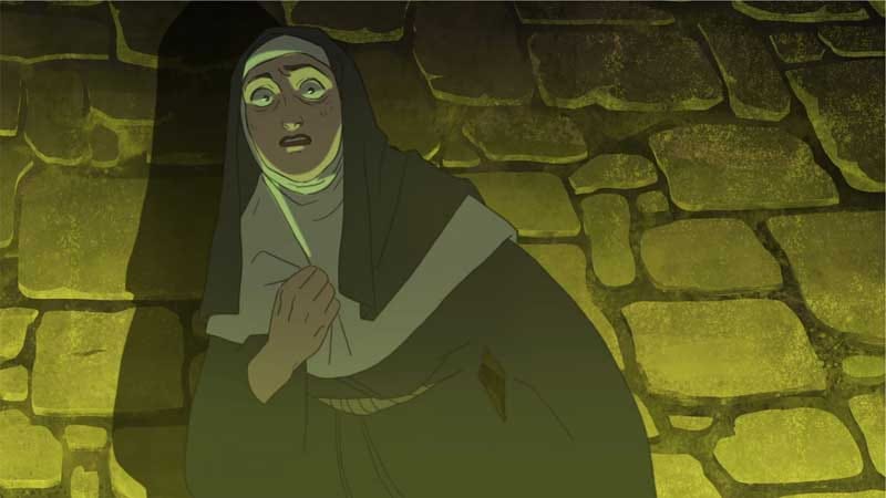 Tense stealth sequence inside a restricted monastery chamber with low lighting