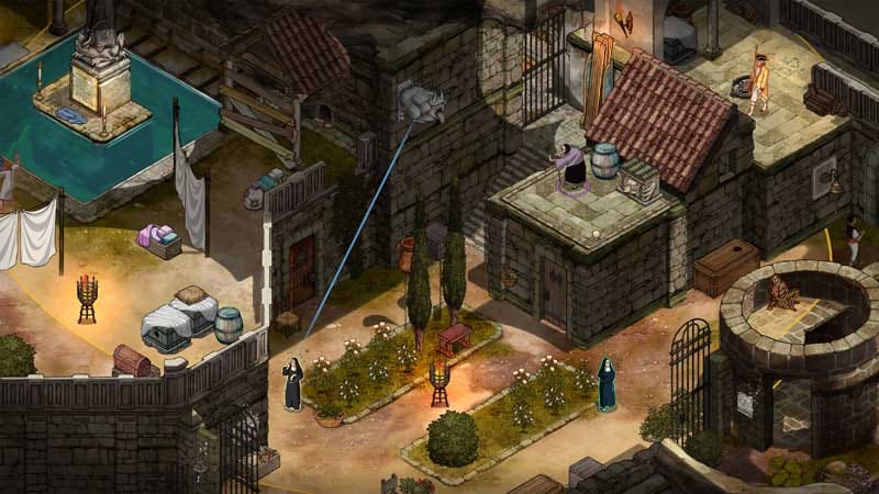 Environmental puzzle area inside an abandoned monastery section with interactable objects