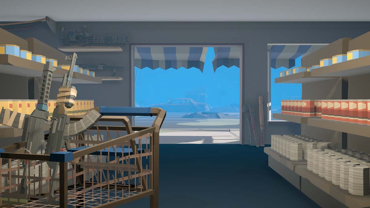 Shop interior scene with shelves, barricades, and a survivor-run store environment