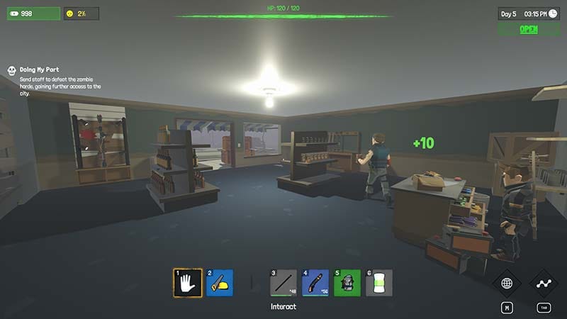 Action moment with weapons used to defend the shop during a raid