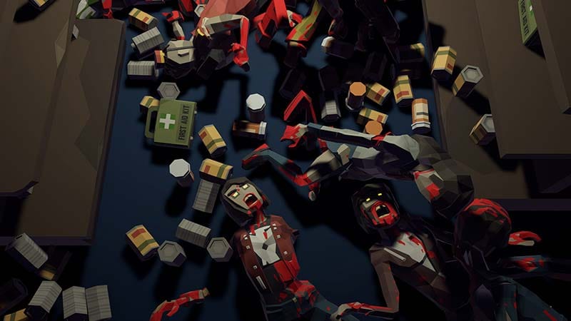 Wide gameplay view showing shop interior during a chaotic zombie attack