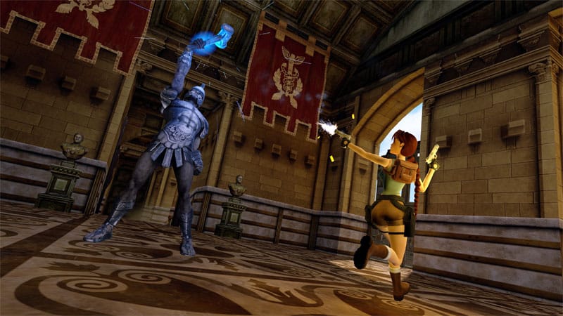 Player interacting with environmental switch inside a dimly lit tomb chamber