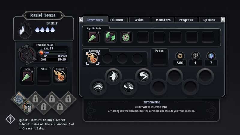 Character menu showing equipment, talismans, and progression systems