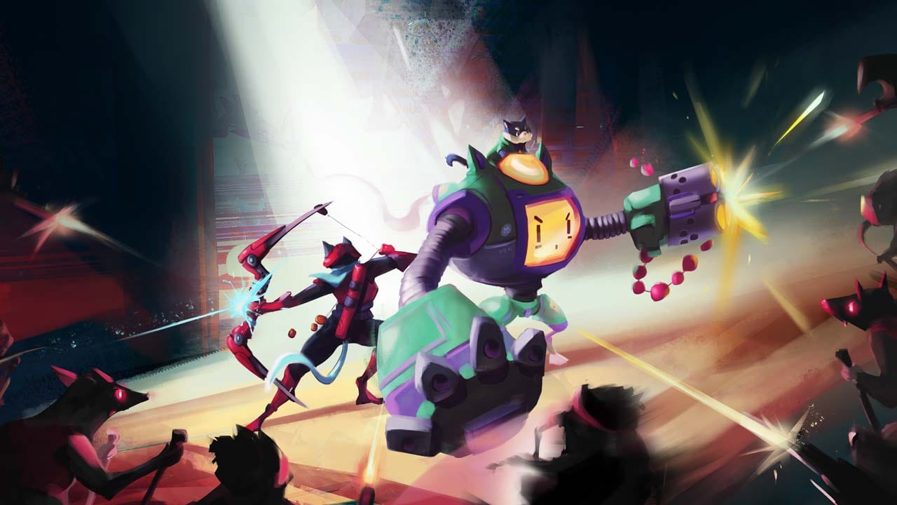 Fast paced third person shooter gameplay scene in a stylized arena